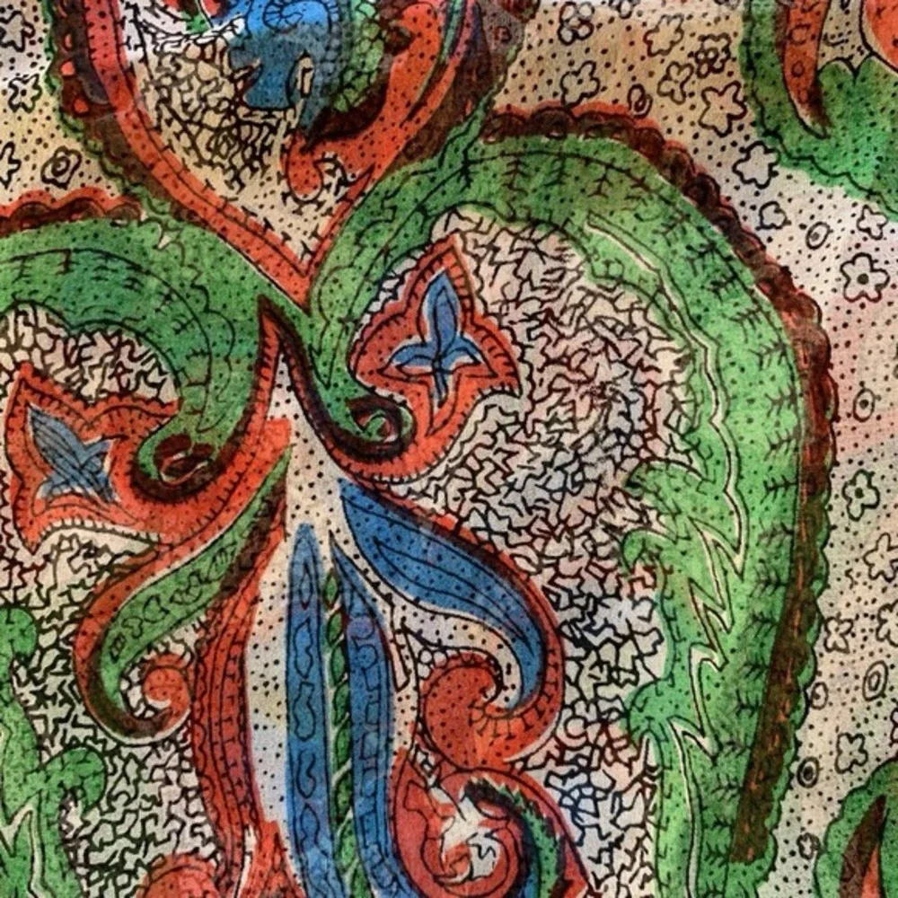 Vintage Paisley‎ Floral Silk Chiffon Sheer Scarf Green Blue Red 51x19